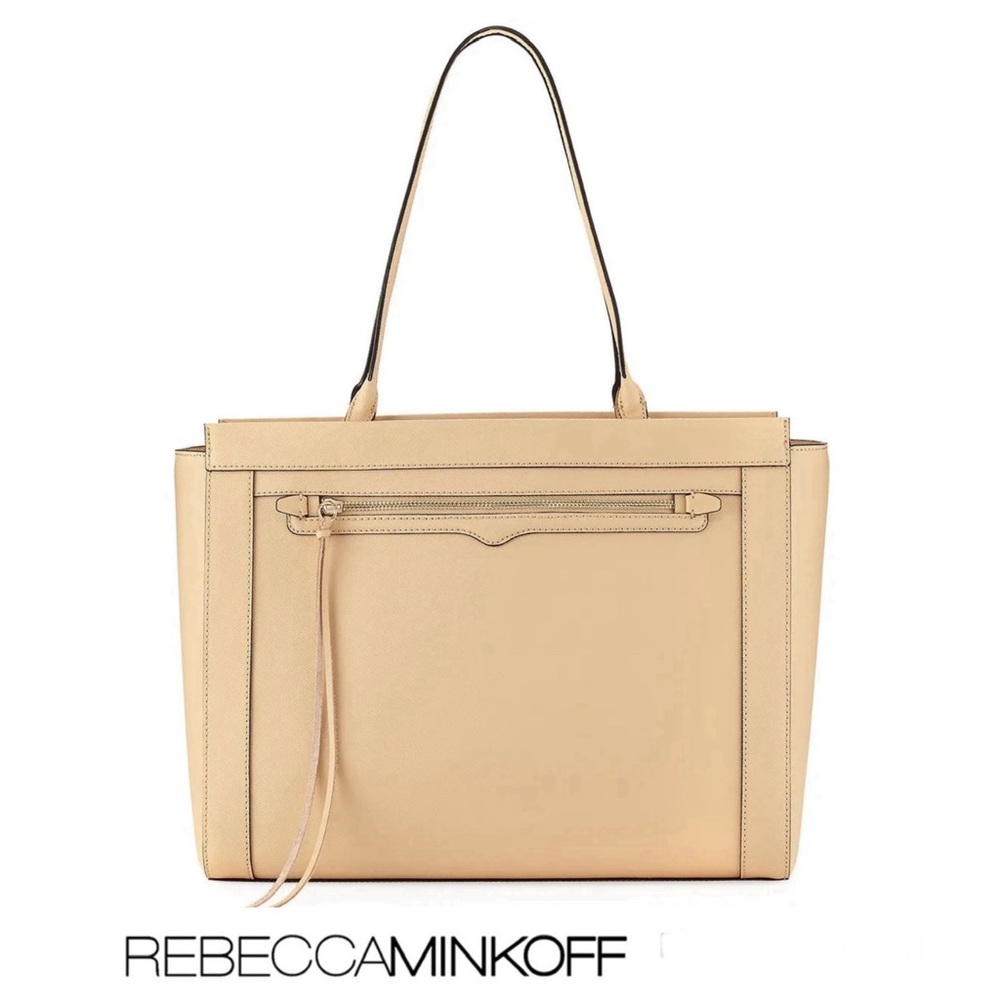 REBECCA MINKOFF Monroe Sand Saffiano Structured Leather Tassel Shoulder Bag Tote